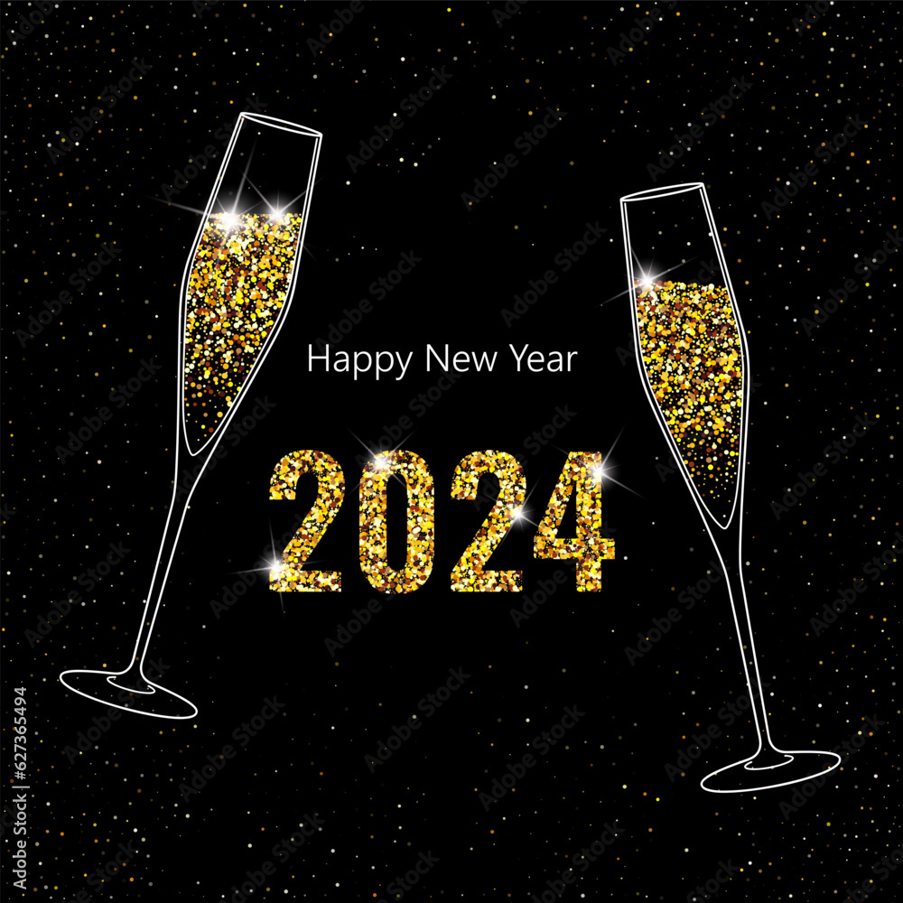 2024 Happy New Year. Champagne glasses vector illustration. Restaurant