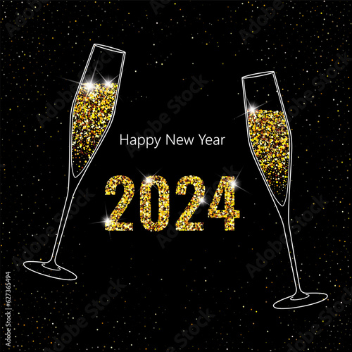 2024 Happy New Year. Champagne glasses vector illustration. Restaurant glassware. Bubbly in glass. Champagne glasses, fizzy champaign in goblet. Holiday golden glitter confetti. 2024 New Year
