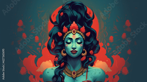 Modern cartoon depiction of Hindu goddess Kali, embracing femininity, women's empowerment, tantric Hinduism concept.