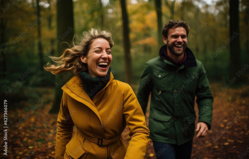 Fototapeta premium couple running through an autumn forest with happy laugh, generative artificial intelligence