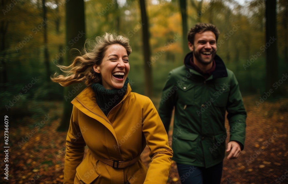  couple running through an autumn forest with happy laugh, generative artificial intelligence