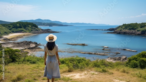 smile of tourist woman Looking Up tourist attraction moutains lake.