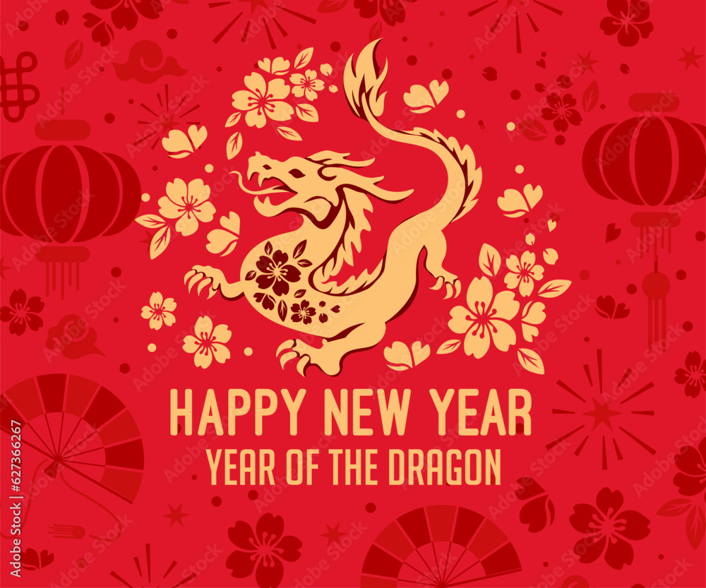 2024 Chinese New Year of the Dragon. Design element for Chinese lunar zodiacs collection. Silhouette of a golden dragon on a red background. Symbol of 2024. Vector card in oriental style. 2024 Chinese New Year of the Dragon. Design element for Chinese lunar zodiacs collection. Silhouette of a golden dragon on a red background. Symbol of 2024. Vector card in oriental style.