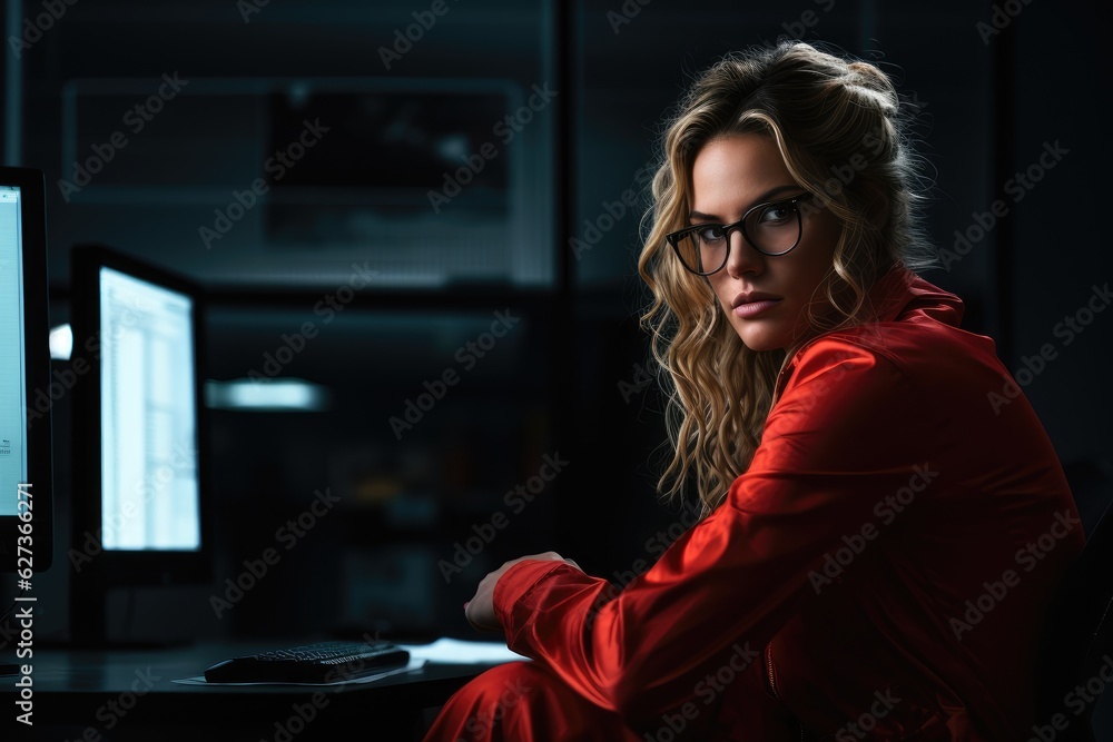 dark background with glasses and a woman sitting , generative artificial intelligence dark background with glasses and a woman sitting , generative artificial intelligence