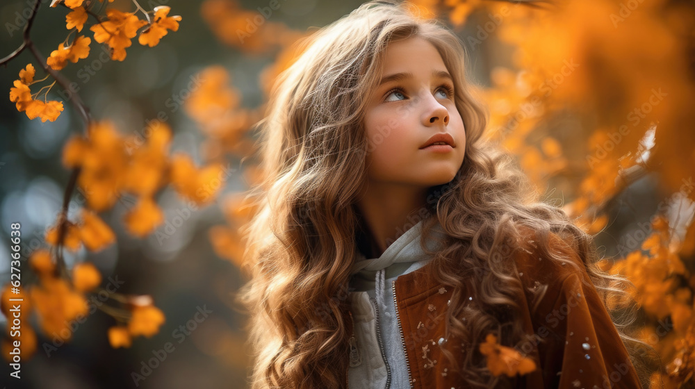 Neugrieriges Mädchen mit langen braunen Haaren steht in einem herbstlichen Wald, umgeben von golden roten Blättern und sanftem Licht. Natur entdecken. Neugrieriges Mädchen mit langen braunen Haaren steht in einem herbstlichen Wald, umgeben von golden roten Blättern und sanftem Licht. Natur entdecken.