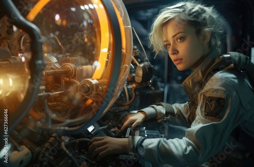 female space officer looks into a monitor , generative artificial intelligence