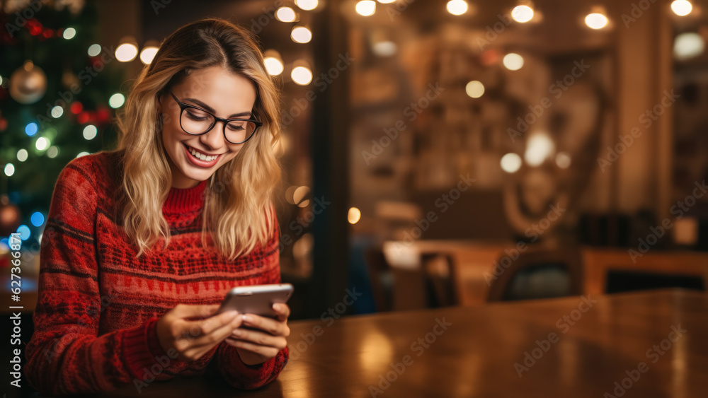 Cheerful; friendly-looking woman browsing internet using smartphone; shopping black friday online Cheerful; friendly-looking woman browsing internet using smartphone; shopping black friday online