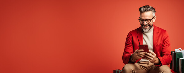 Cheerful; friendly-looking man browsing internet using smartphone; shopping black friday online 