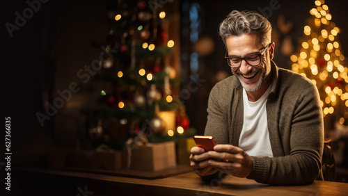 Cheerful; friendly-looking man browsing internet using smartphone; shopping black friday online 