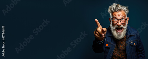 Closeup photo of cool aged man open mouth indicate fingers empty space black friday prices 