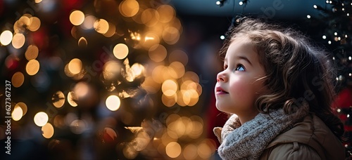 Young cute girl in awe of twinkling lights and ornaments on majestic Christmas tree. Sense of wonder and joy.