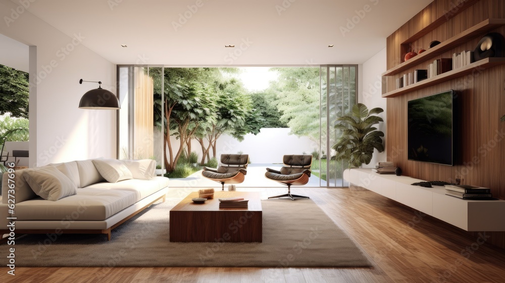 Fototapeta premium A modern mid-century minimalist interior living. Generative ai