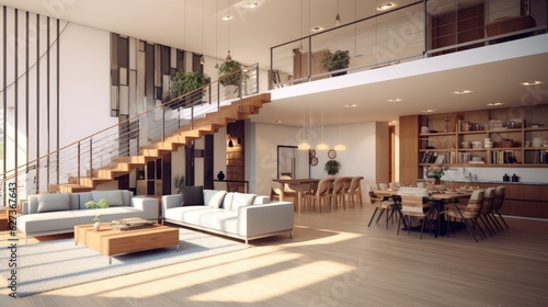 A modern living room mezzanine rendering. Generative ai