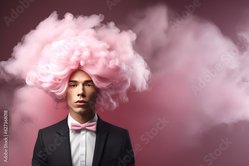 Fashion surreal Concept. Portrait of stunning handsome man with pastel pink hair like cotton candy clouds in shirt. illuminated with dynamic composition and dramatic lighting