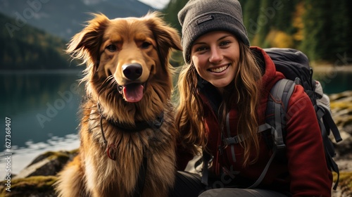 beautiful smile of tourist woman. she's traveling with dog. best friend mood. mountain and lake . morning background. © banthita166