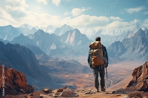 Young hiker with backpack in mountains