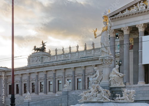 Exterior of the Parliament Building in Vienna, Austria, built in Greek style in the second half of the 19th century