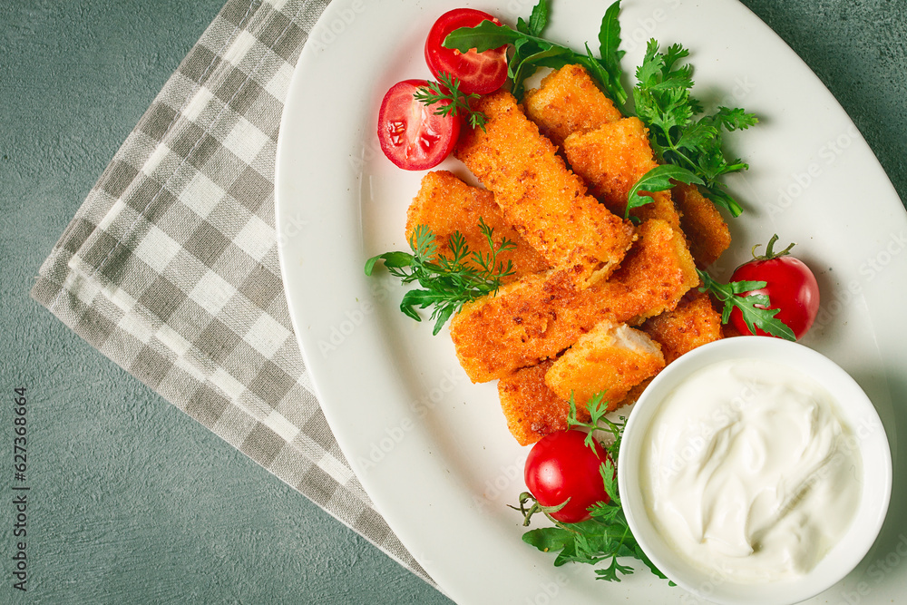 fried fish nuggets, with white sauce, arugula and cherry, no people, fried fish nuggets, with white sauce, arugula and cherry, no people,