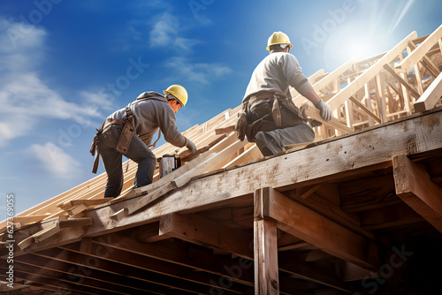 Two roofer ,carpenter working on roof structure at construction site