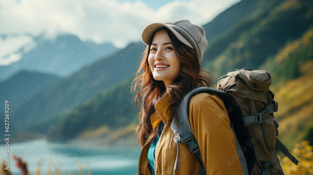 smile of tourist woman Looking Up tourist attraction moutains lake. smile of tourist woman Looking Up tourist attraction moutains lake.