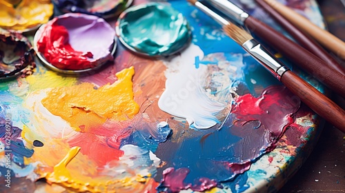 Capture the essence of creativity with this close-up shot of an artist's paint palette, featuring a captivating mix of vibrant colors and textures.