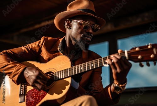 the artist wearing brown sunglasses a guitar playing , generative artificial intelligence