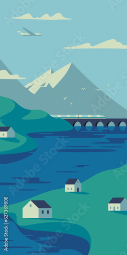 Nature landscape with mountains, hills, green grasslands, country houses, and a river in summer. Travel and tourism transport concept. Flat vector illustration EPS10