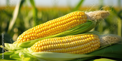 Fresh Corn Cobs in a Cornfield: Close-up Agriculture and Harvest Scene