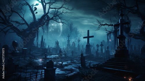 Cemetery at night with a full moon in the background creates an eerie and mysterious atmosphere.