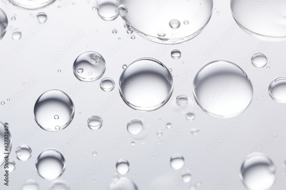 Close-up of white transparent drops liquid bubbles molecules