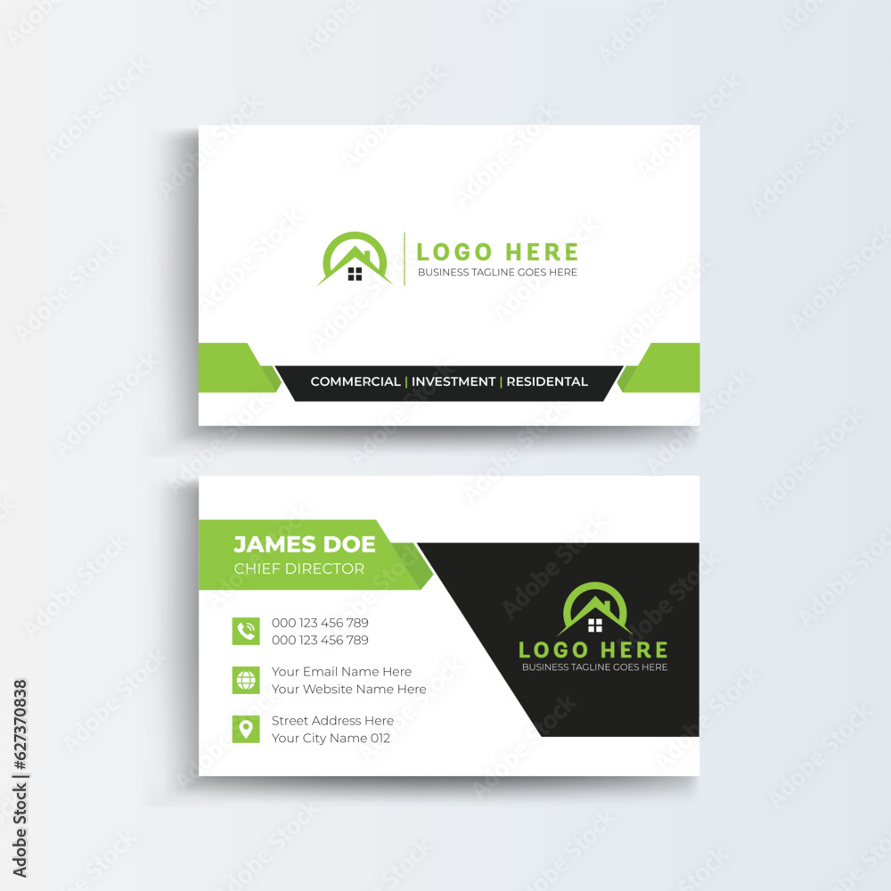 Fototapeta premium Modern abstract company corporate clean creative elegant Real estate agency realtor home rental business card design visiting card, real estate agent business card design template. 