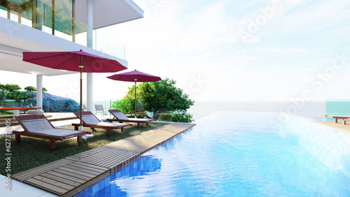 Luxury beach house with sea view swimming pool and terrace in modern design. 3D Rendering. Lounge chairs on wooden floor deck in holiday home or hotel. Contemporary holiday villa exterior. © adobedesigner