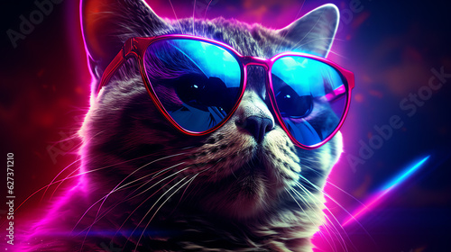 Cat with sunglasses on blue pink neon retro wallpaper background - Generative AI © mr_marcom