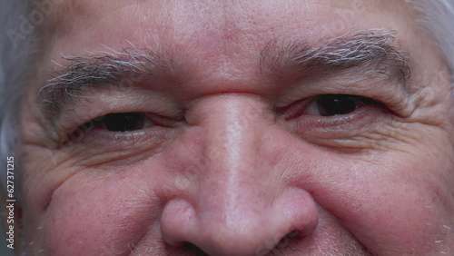 Macro tight close-up of senior mature man smiling. Happy elderly male person in 70s with wrinkles staring intensively at camera-SD 480p.movMacro tight close-up of senior mature man smiling. 