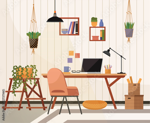 Home office. Interior vector illustration. Work from home. Furniture in office area selected for versatility and aesthetics Interior design of flat incorporates elements of tranquility and inspiration