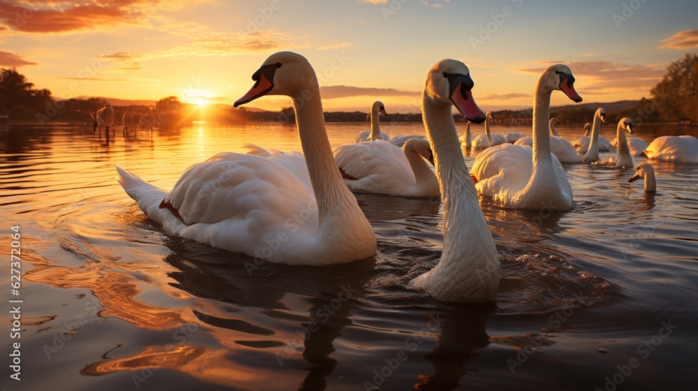 Fototapeta premium A flock of elegant swans gliding across calm waters during sunset, symbolizing elegance and serenity.