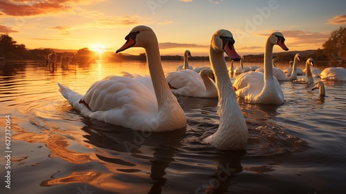 Fototapeta Naklejka Na Ścianę i Meble -  A flock of elegant swans gliding across calm waters during sunset, symbolizing elegance and serenity.