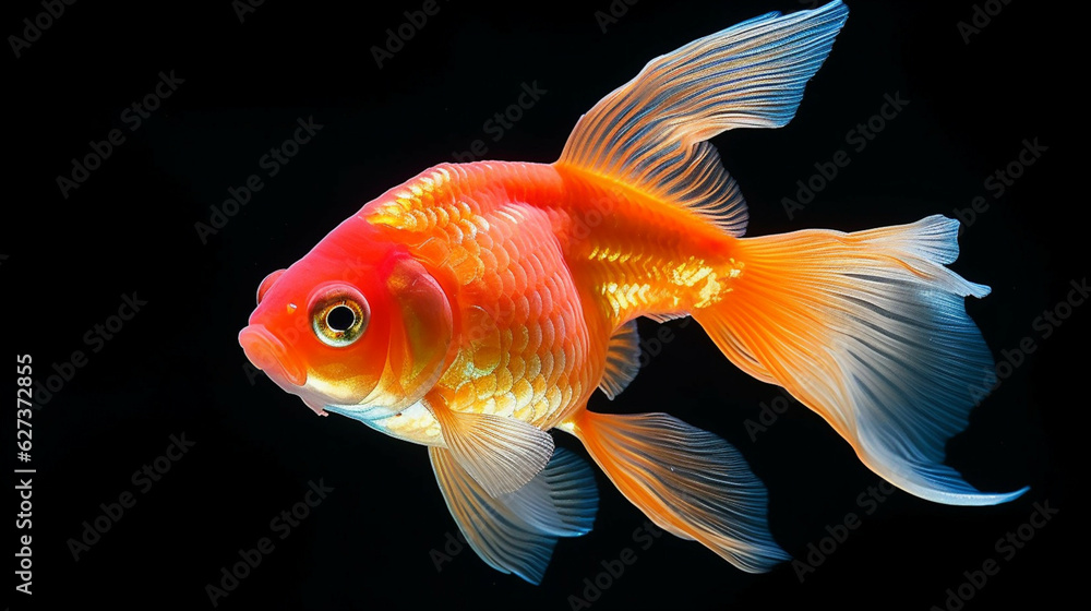 Goldfish isolated on black background, closeup of goldfish. Goldfish isolated on black background, closeup of goldfish.