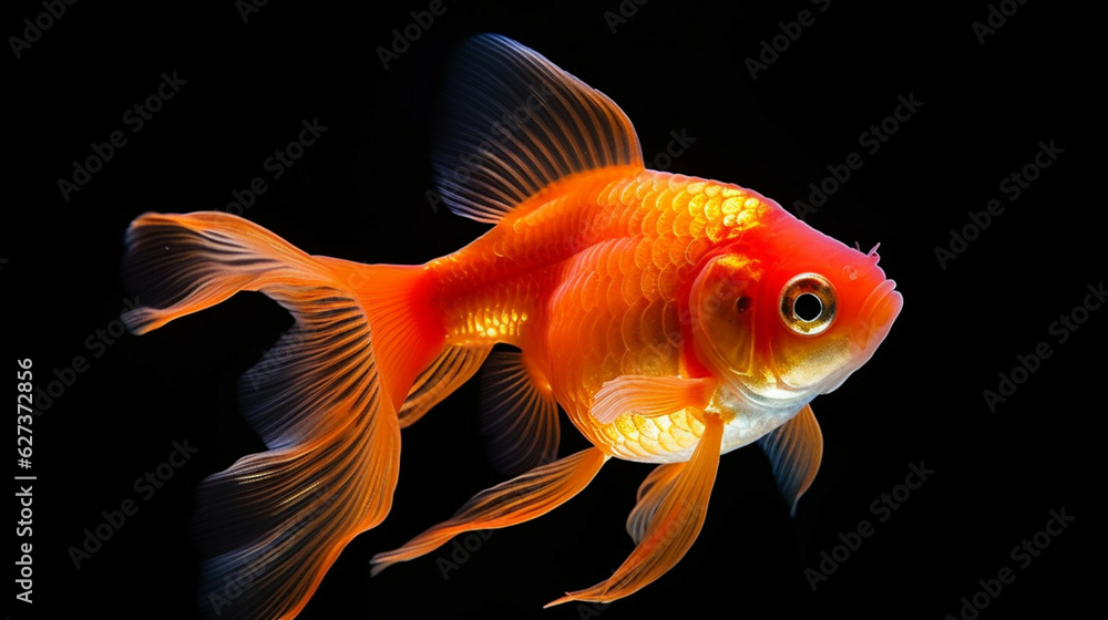 Goldfish isolated on black background, closeup of goldfish. Goldfish isolated on black background, closeup of goldfish.