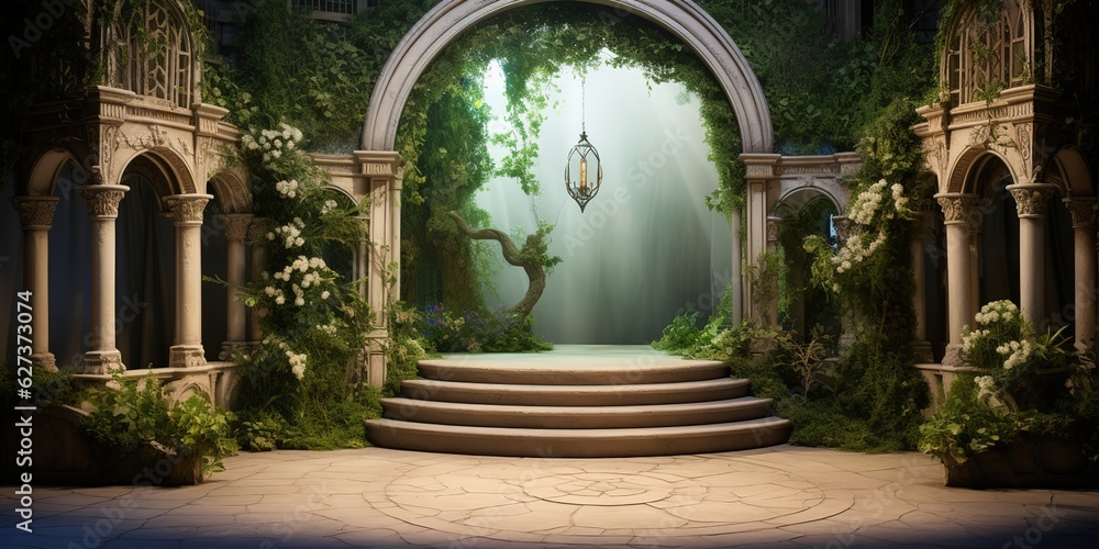 set of a king's castle garden background for theater stage scene