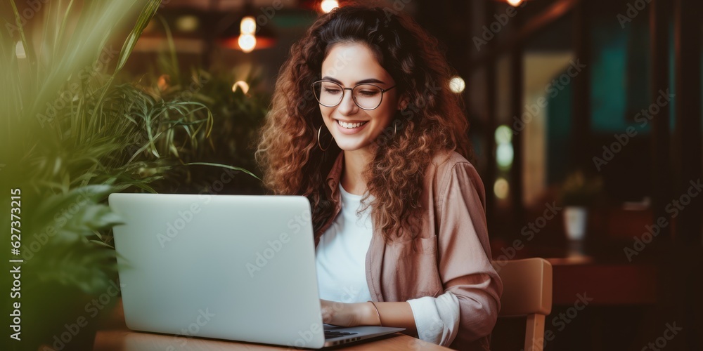 young beautiful joyful woman smiling while working with laptop young beautiful joyful woman smiling while working with laptop