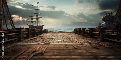 Leinwand Poster empty pirate ship deck background for theater stage scene