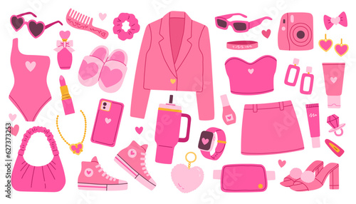 Pink trendy barbiecore set, pink aesthetic accessories and clothing
