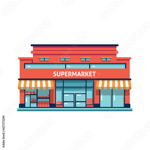 Supermarket grocery store building isolated on white background. Shop building in flat style. Vector stock