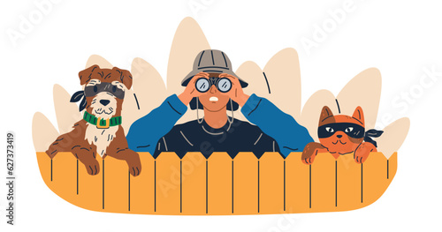 Being watched concept with curious man and his faithful friends cat and dog spying look through spy glass hiding behind wooden fence outside observing sneaking. Suspicious male peek, look out, search