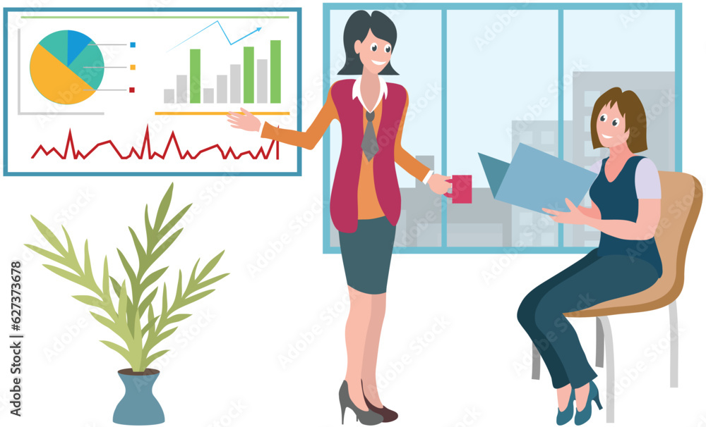 Office workers. Vector illustration. A business person navigates complexities of corporate world The office workplace provides professional environment for productivity Teamwork essential presentation Office workers. Vector illustration. A business person navigates complexities of corporate world The office workplace provides professional environment for productivity Teamwork essential presentation