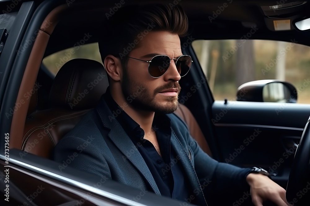 Man driving luxury car, Confident handsome man in a car - rich and success concept