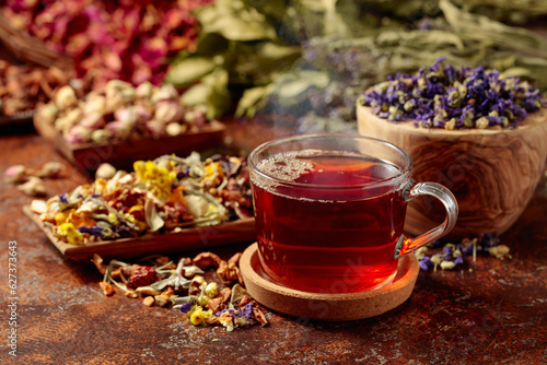 Konstfotografi Herbal tea and a mix of various dried medicinal plants and herbs.