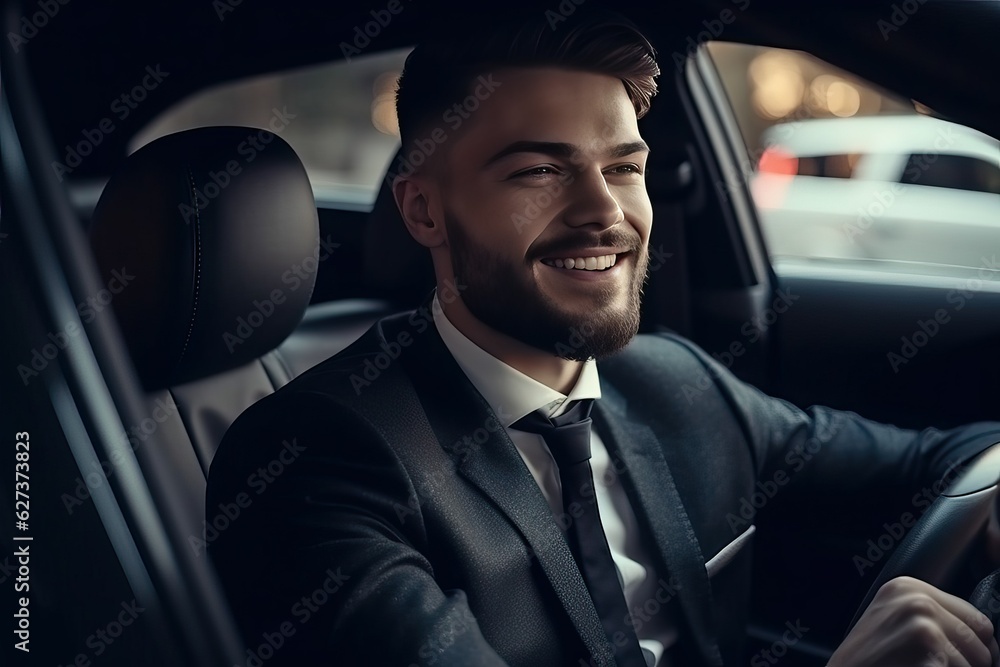 Businessman driving luxury car, Confident handsome man in a car - rich and success concept