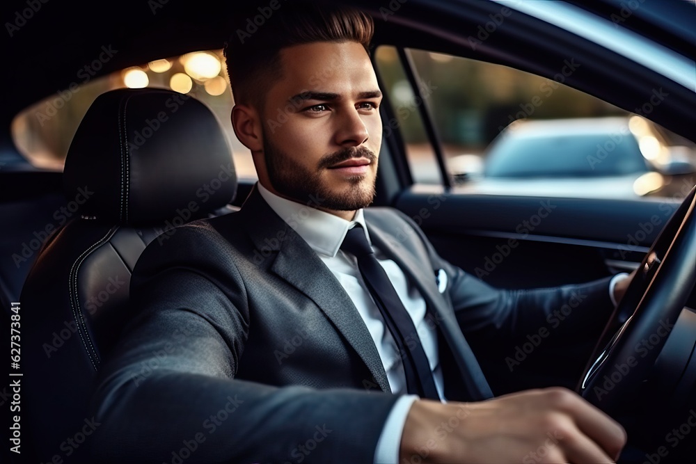 Businessman driving luxury car, Confident handsome man in a car - rich and success concept Businessman driving luxury car, Confident handsome man in a car - rich and success concept